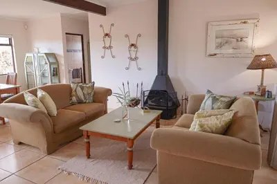 a living room with two couches and a fireplace at 31 on Witzenberg, Tulbagh in Wolseley