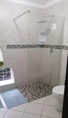 a bathroom with a shower with a toilet at Somerset west Mountain road cottage in Cape Town