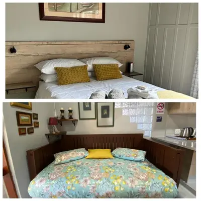 two pictures of a bedroom with a bed at Mabel View in Cape Town