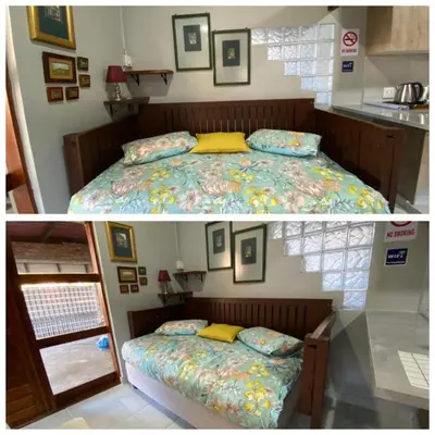 two pictures of a bedroom with a bed at Mabel View in Cape Town