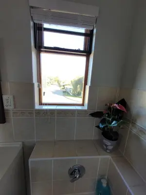 a bathroom with a tub and a window and a plant at Elegantie Apartment Protea 5 Lovell Avenue in Stellenbosch