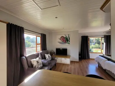 a living room with a couch and a tv at Elegantie Apartment Protea 5 Lovell Avenue in Stellenbosch