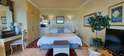 a bedroom with a bed and a desk and a tv at Roosboom Guest Apartments in Somerset West