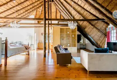 a large living room with a large wooden ceiling at Mead, Pinelands in Cape Town