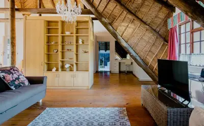 a living room with a couch and a tv at Mead, Pinelands in Cape Town