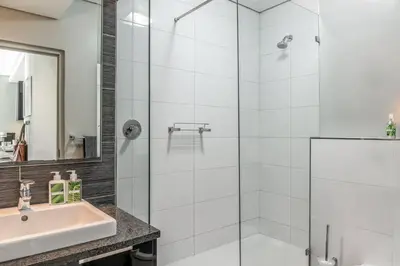 a bathroom with a shower and a sink at Modern Family Flat Andringa Walk in Stellenbosch