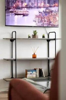 a living room with a tv and shelves with books at Rondebosch Central in Cape Town
