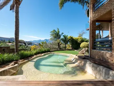 a swimming pool in a backyard with palm trees at Aan de Paarlberg in Paarl