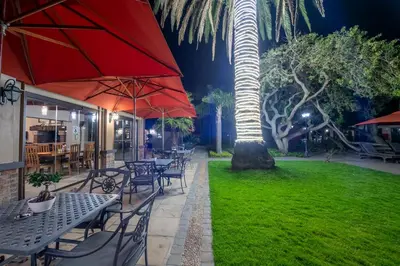 a patio with tables and chairs and a palm tree at Excellent Guest House in Bellville