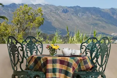 a table and chairs with a table and flowers on it at Ongegund Lodge in Somerset West