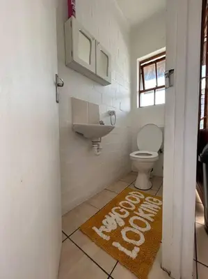 a bathroom with a toilet and a sink and a rug at The Great escape 5 mins away from Blouberg Beach in Cape Town