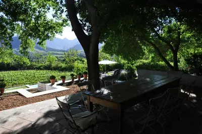 a wooden table and chairs under a tree at Blueberry Hill Cottages in Franschhoek