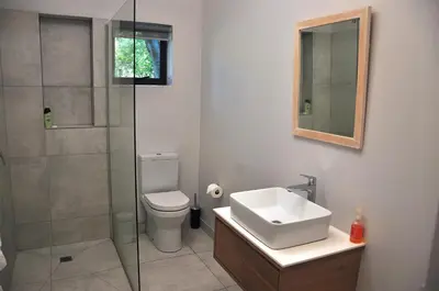 a bathroom with a toilet and a sink and a shower at Blueberry Hill Cottages in Franschhoek