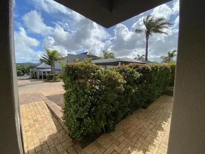 a hedge in front of a house with palm trees at Durbanville Self Catering Apartments in Cape Town