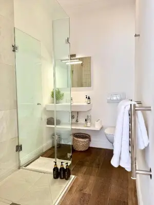 a bathroom with a shower and a sink and a toilet at Tuishuisie in Stellenbosch