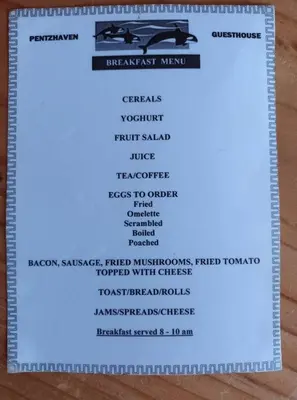 a menu for the breakfast menu at Pentzhaven Guesthouse in Table View