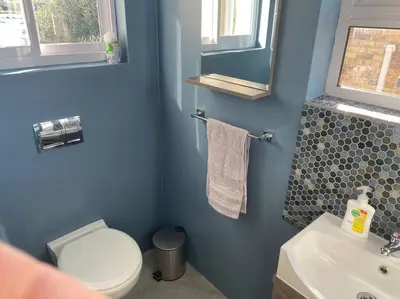 a blue bathroom with a toilet and a sink at Onrus Sunset Beach House in Hermanus