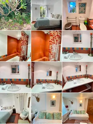 a collage of different pictures of a bathroom at Tranquil Olive Tree Garden Apartment 2 in Cape Town