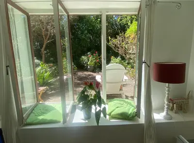 a window with a vase of flowers on a window sill at Tranquil Olive Tree Garden Apartment 2 in Cape Town
