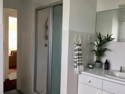 a bathroom with a shower and a sink at Lala Panzi - Grotto Beach, Voëlklip in Hermanus