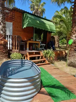 a wooden house with a green awning and a patio at The Farmhouse Palm Tree Cabin in Stellenbosch
