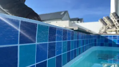 a swimming pool with blue tile on the roof at Strawberry fields Tranquility in Cape Town
