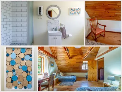 a collage of pictures of a room with logs at Bluebelle Cottage in Greyton