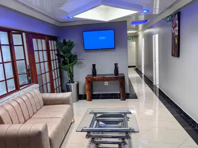 a living room with a couch and a tv at Essential Lodge23 in Cape Town