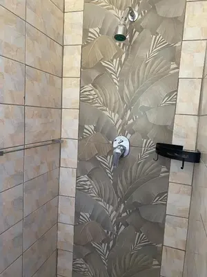 a shower with a mural of leaves on the wall at Stay at Gabby's- no loadshedding in Cape Town
