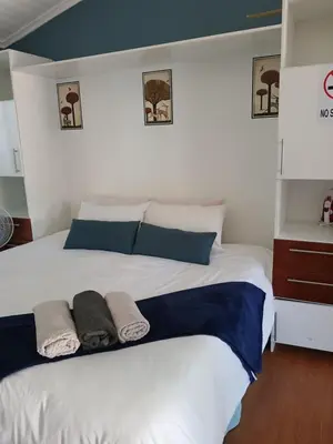 a bedroom with a large white bed with blue pillows at Stay at Gabby's- no loadshedding in Cape Town