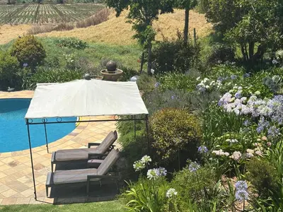 a garden with a gazebo and chairs and flowers at In the Vine Country Manor Guesthouse in Stellenbosch