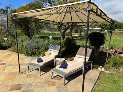 two chairs and an umbrella on a patio at In the Vine Country Manor Guesthouse in Stellenbosch
