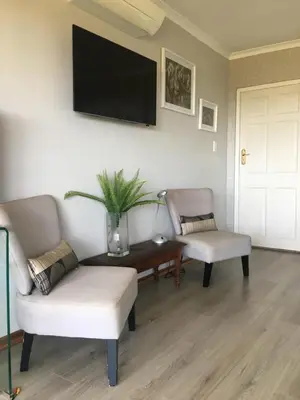 a living room with two chairs and a table and a tv at Roland’s Valley Art Accommodation in Stellenbosch