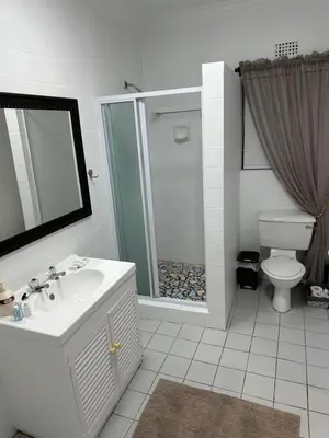 a bathroom with a sink and a shower and a toilet at Tranquil Private Rooms Hermanus in Hermanus