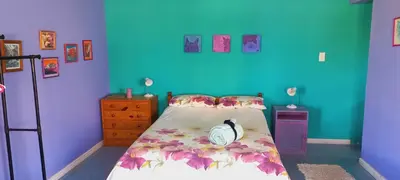 a bedroom with a bed and a green wall at Cat Nap Cottage in Bettyʼs Bay