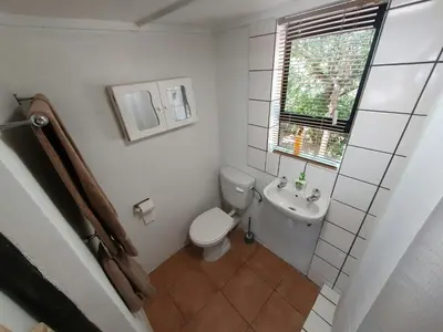 a small bathroom with a toilet and a sink at The Red Fox in Cape Town