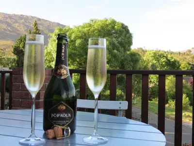 a bottle of champagne and two glasses on a table at 10 on Berg in Villiersdorp