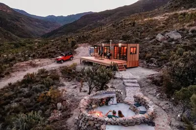 an aerial view of a tiny house in the mountains at Luxury Solace Cabin - River Cabin in Rawsonville