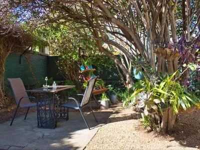 a patio with a table and chairs under a tree at Linge Longa in Worcester