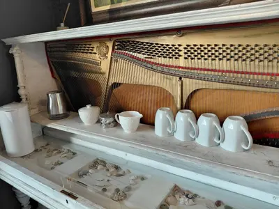 a group of white cups and bowls on a shelf at Chapman View Studio in Cape Town