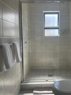 a bathroom with a shower with a toilet and a window at The CoziPlace One in Cape Town