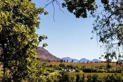 a view of a farm with mountains in the background at Florie se Huis in Paarl