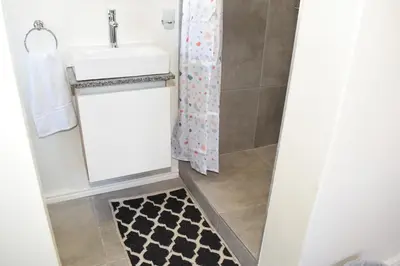 a bathroom with a sink and a shower at House on Pringle in Cape Town