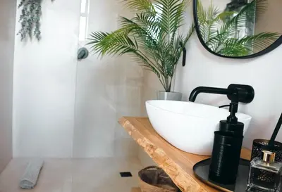 a bathroom with a white bowl sink and a plant at Designer Luxe Stellies Studio in Stellenbosch