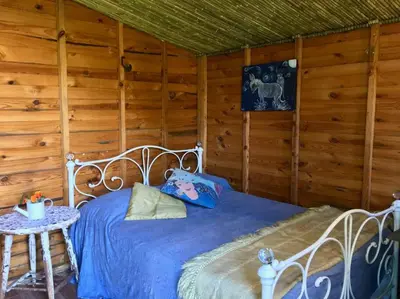 a bedroom with a bed in a room with wooden walls at PONDOKKIE in Greyton