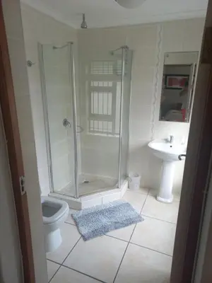 a bathroom with a shower and a toilet and a sink at Crystal Villa Guesthouse in Cape Town