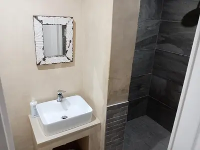 a bathroom with a sink and a shower at Hermanus 13 on 2nd Guest Rooms in Hermanus