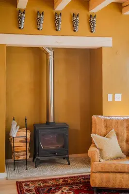 a fireplace in a living room with a stove at Berghuis - Mountain Hideaway in Wolseley