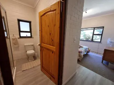 a bathroom with a toilet and a wooden door at Milkwood Cottage in Bettyʼs Bay