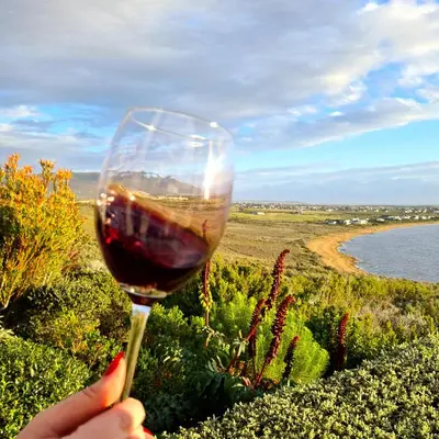 a person holding a glass of red wine at Benguela Cove - Milk and Honey in Hermanus